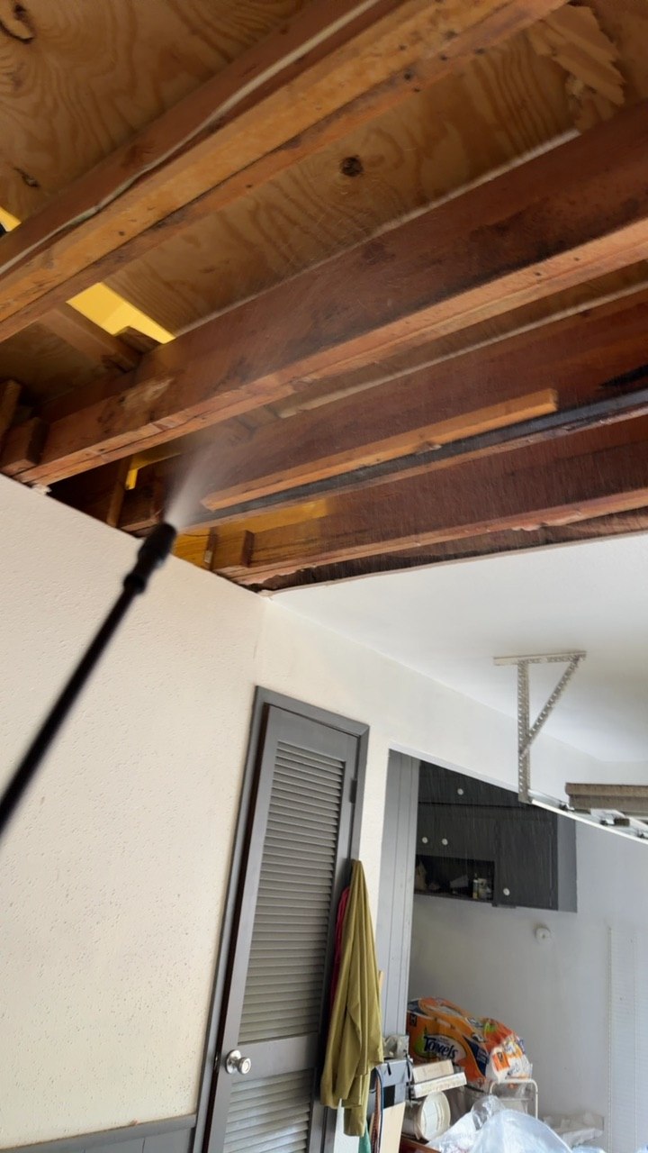 Antimicrobial mist being applied into exposed joist bays after demolition, preventing microbial growth on framing