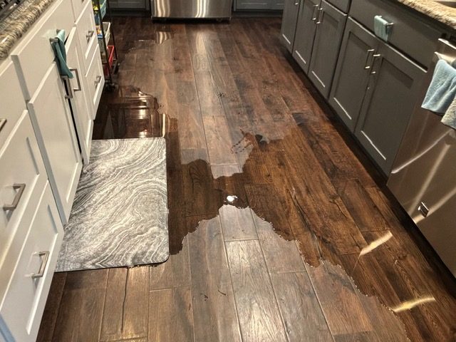 Active water pooling on a DFW kitchen hardwood floor where a slow appliance leak has finally surfaced from under the cabinets.