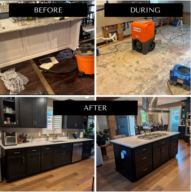 Kitchen water damage restoration before, during, and after photos: hardwood floor extraction, dehumidifier drying, fully rebuilt kitchen with new cabinets and island