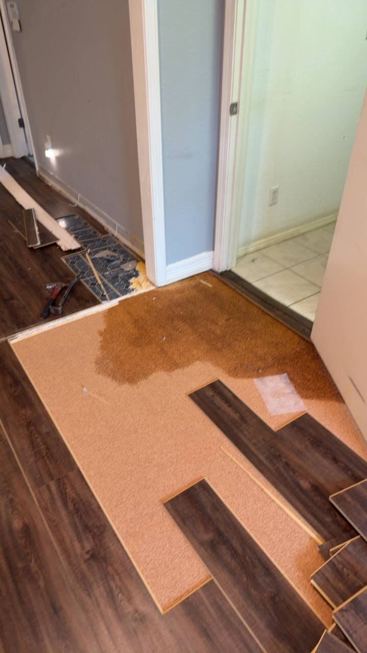 Pulled luxury vinyl plank flooring revealing wet saturated subfloor and underlayment, documenting the full extent of water intrusion