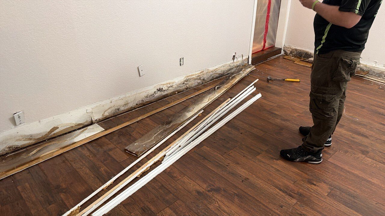 Wide view of a mold remediation work area with a red-zipper containment plastic isolating the affected zone, baseboards pulled and stacked, and a technician on site